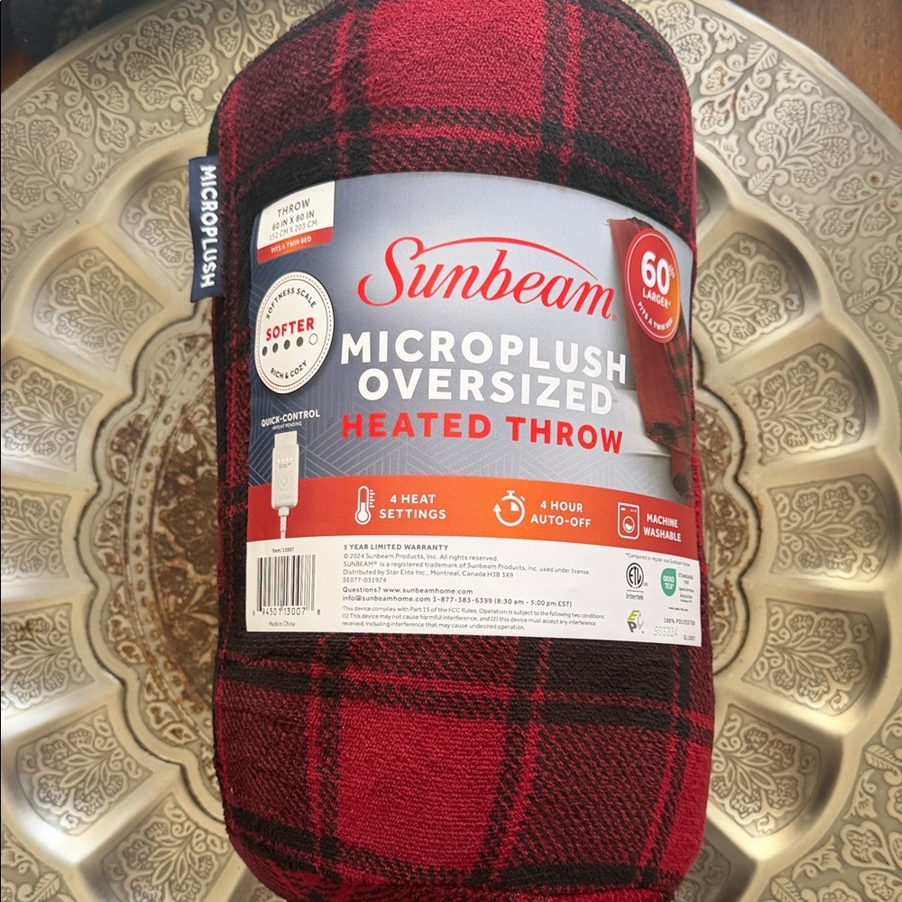 🏡Sunbeam Black and Red Microplush Heated Throw